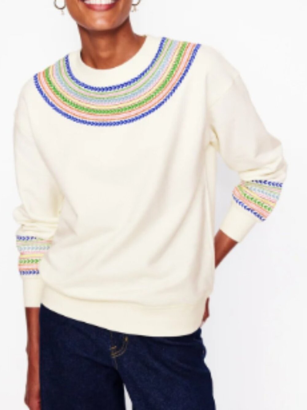 Boden Emi Embroidered Sweatshirt in Ivory, Multi Fairisle - Sz M